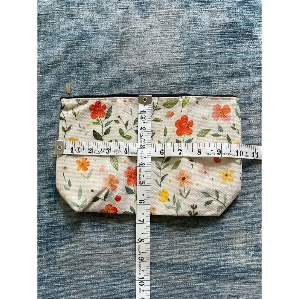 Orange Yellow Flower Cotton Canvas Small Makeup Bag Travel Toiletry Pouch